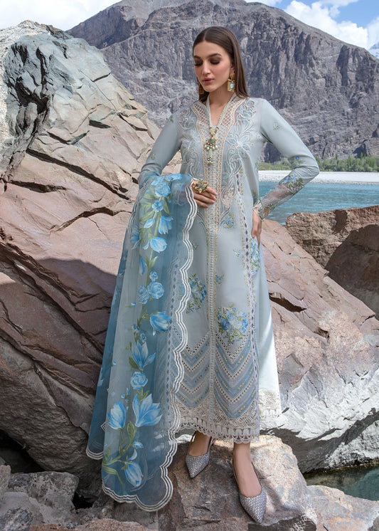 Crimson Luxury Lawn 2024 | Sarfaraz | Forget Me Not – Ice Blue