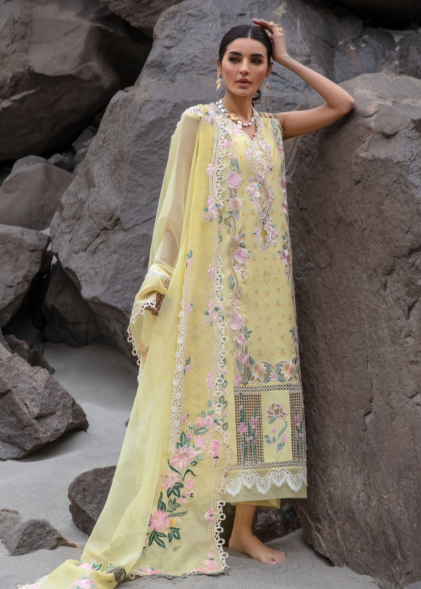 Crimson Luxury Lawn 2024 | Sarfaraz | Believe In Her – Topaz Yellow