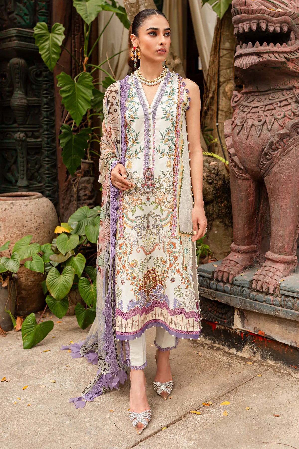 URBANE CHIFFON COLLECTION - CREAM PURPLE SUIT-SET