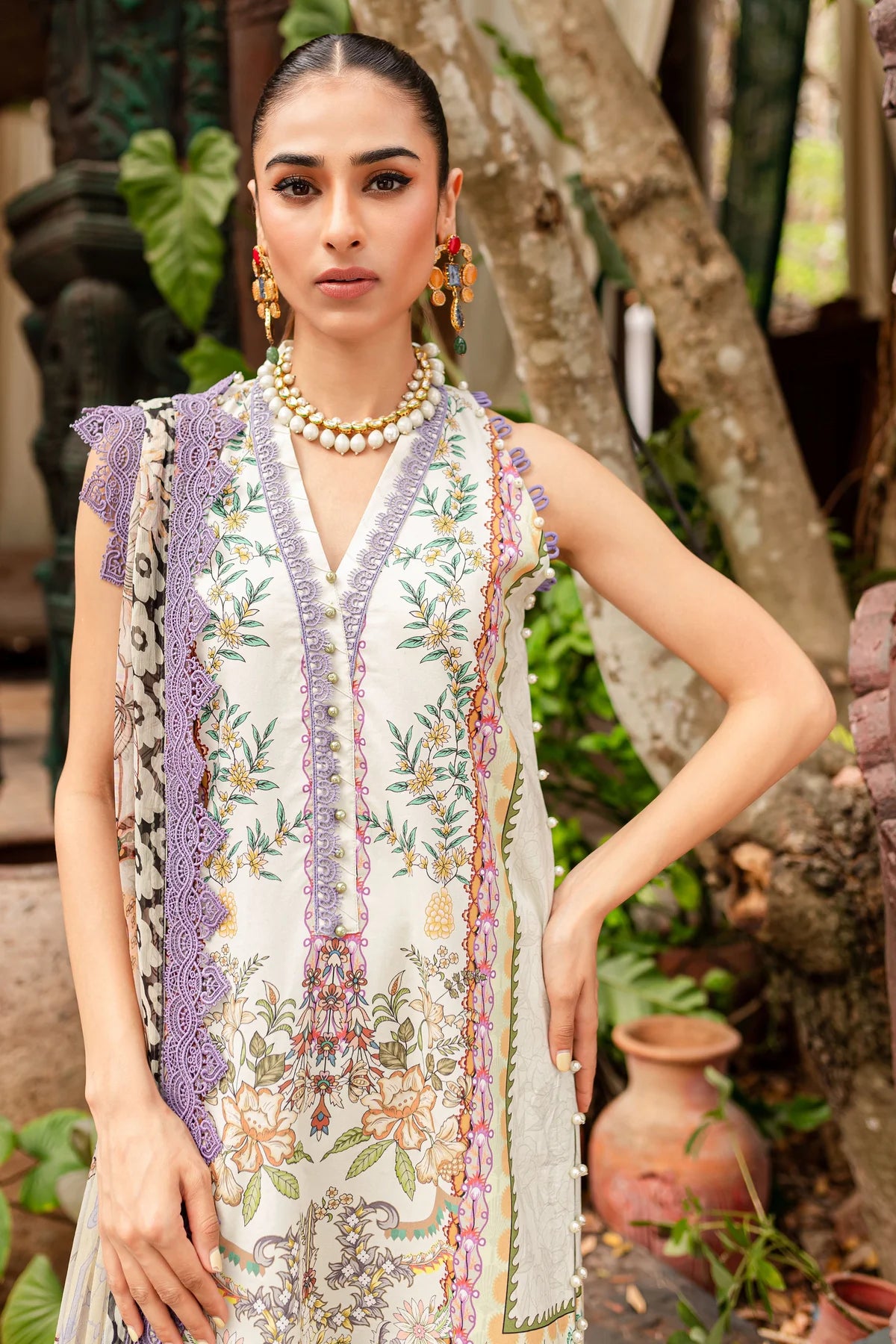 URBANE CHIFFON COLLECTION - CREAM PURPLE SUIT-SET