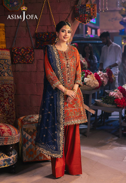 AJKK-10 EMBROIDERED CHIFFON 3 PCS RUST SUIT-SET