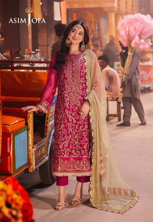 AJKK-14 EMBROIDERED NET 3 PCS PINK SUIT-SET