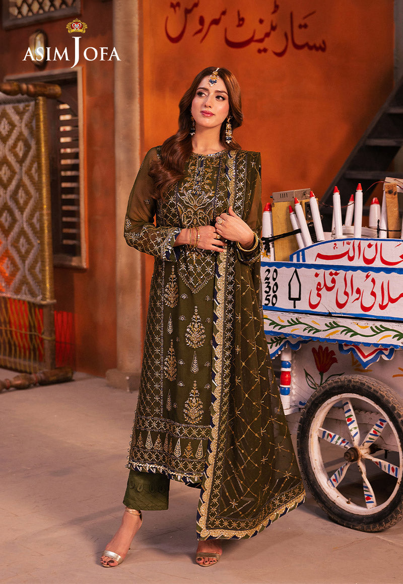 AJKK-16 EMBROIDERED CHIFFON 3 PCS GREEN SUIT-SET