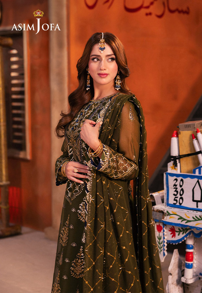 AJKK-16 EMBROIDERED CHIFFON 3 PCS GREEN SUIT-SET