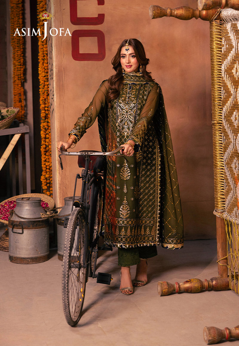 AJKK-16 EMBROIDERED CHIFFON 3 PCS GREEN SUIT-SET