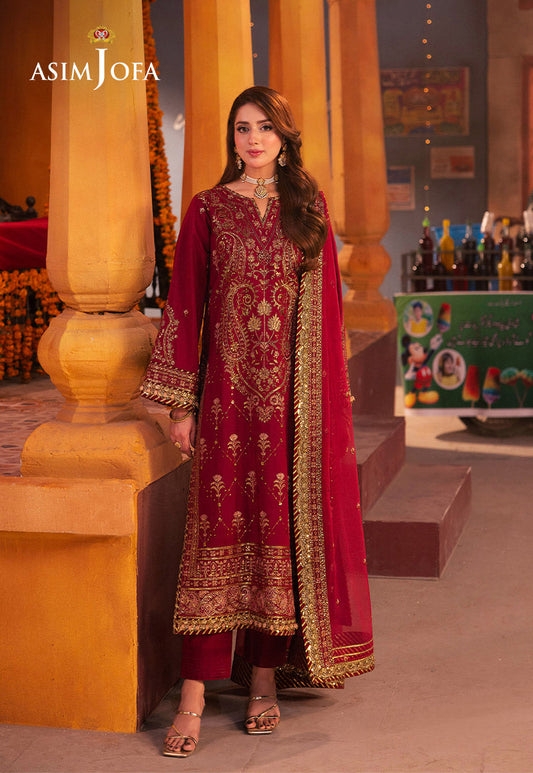 AJKK-19 EMBROIDERED TWISTED SILK 3 PCS RED SUIT-SET