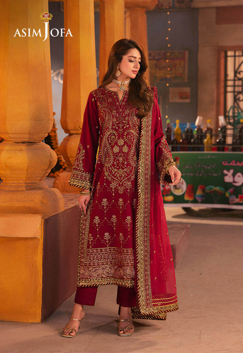 AJKK-19 EMBROIDERED TWISTED SILK 3 PCS RED SUIT-SET