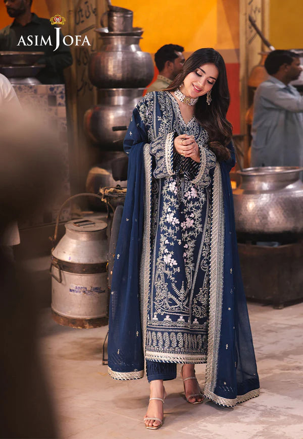 AJKK-25 EMBROIDERED TWISTED SILK 3 PCS BLUE SUIT-SET