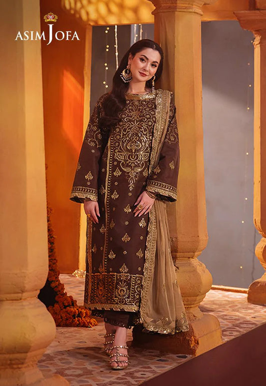 AJKK-26 EMBROIDERED TWISTED SILK 3 PCS BROWN SUIT-SET