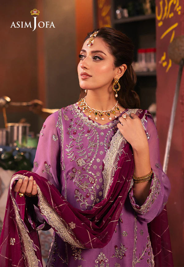 AJKK-28 EMBROIDERED CHIFFON 3 PCS PURPLE SUIT-SET