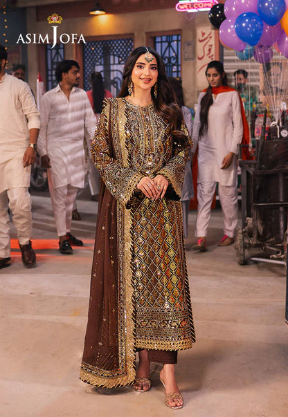 AJKK-30 EMBROIDERED CHIFFON 3 PCS BROWN SUIT-SET