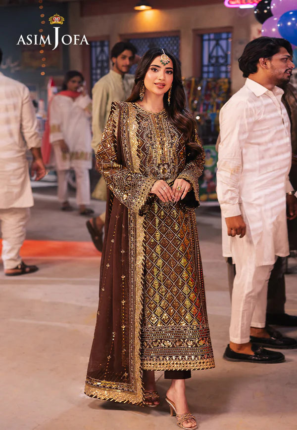 AJKK-30 EMBROIDERED CHIFFON 3 PCS BROWN SUIT-SET