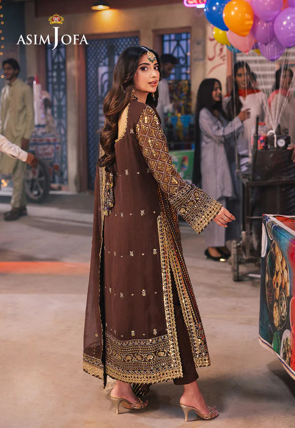 AJKK-30 EMBROIDERED CHIFFON 3 PCS BROWN SUIT-SET