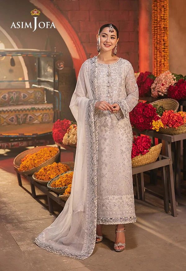 AJKK-06 EMBROIDERED CHIFFON 3 PCS WHITE SUIT-SET