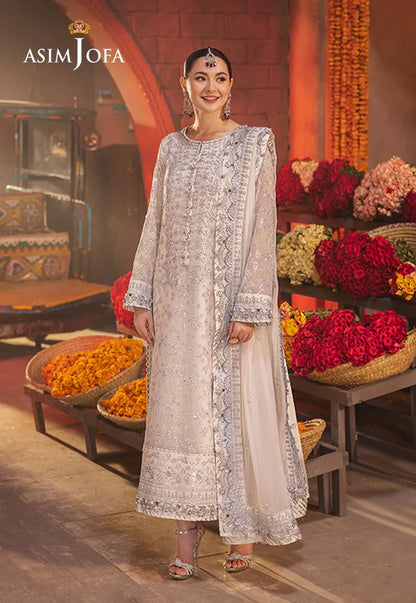 AJKK-06 EMBROIDERED CHIFFON 3 PCS WHITE SUIT-SET