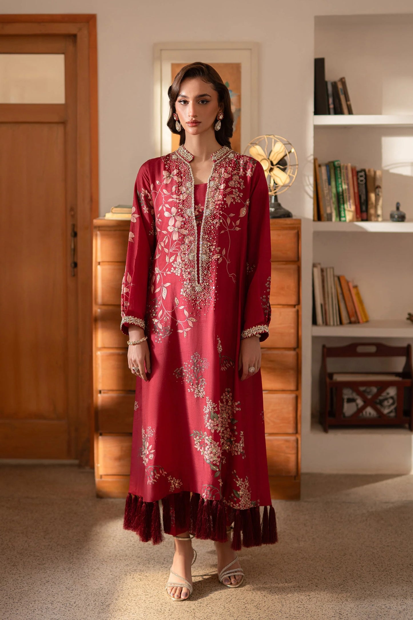 Ammara Khan Ronaq'25 - Deep Berry Tassle Kaftan