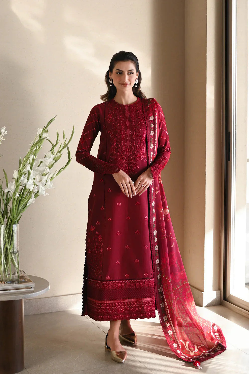 ZAIB MAROON LUXURY EMBROIDERED LAWN SET 2025 (NEL-25606)