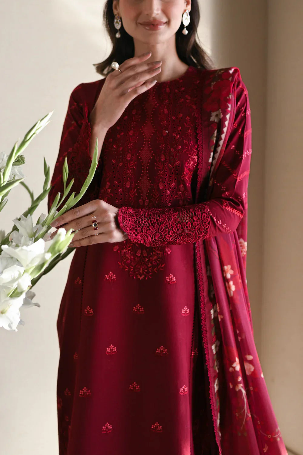 ZAIB MAROON LUXURY EMBROIDERED LAWN SET 2025 (NEL-25606)